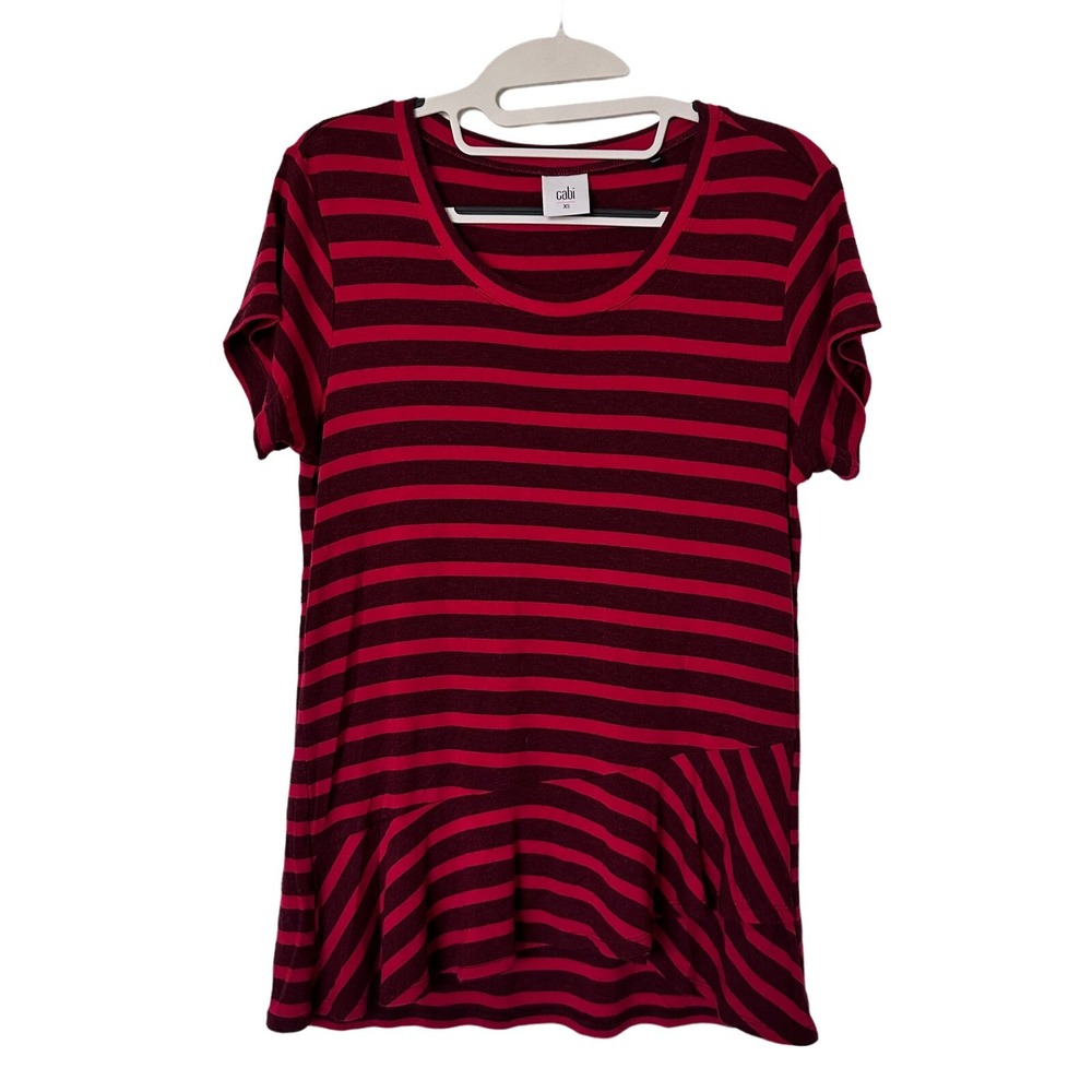 Cabi Top Womens XS Red Burgundy Striped Ruffle Hem Scoop Neck Dark Academia Mod